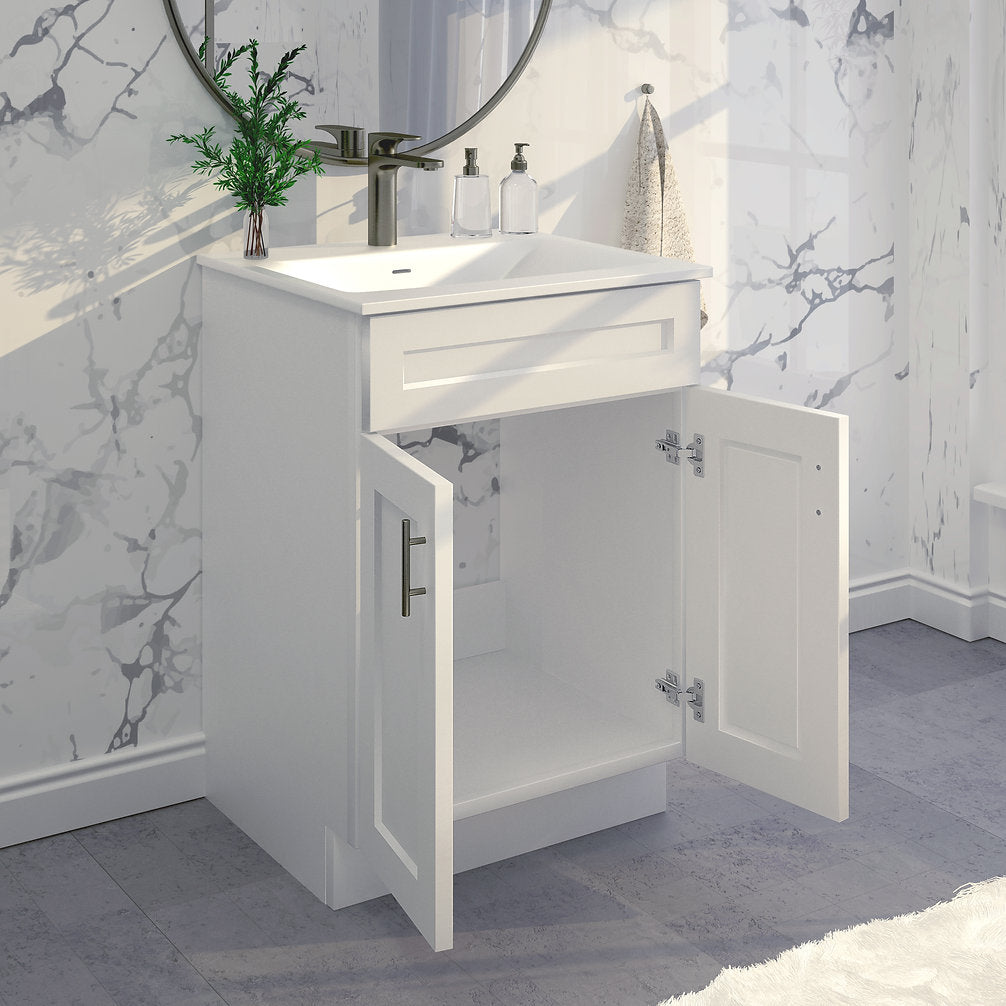 RTA White Shaker 24" Freestanding Bathroom Vanity Sink Base with Optional Quartz or Ceramic Countertop