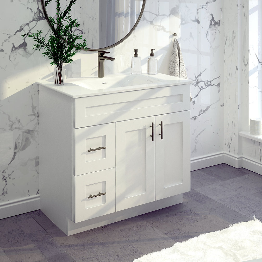 RTA White Shaker 36" Freestanding Bathroom Vanity Combo Base with Optional Quartz or Ceramic Countertop