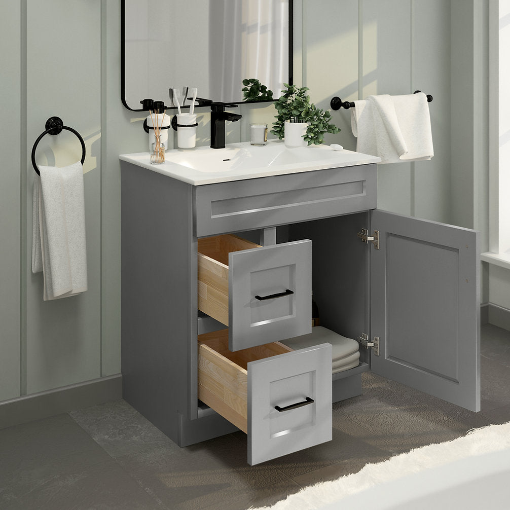 RTA Light Grey Shaker 30" Freestanding Bathroom Vanity Combo Base with Optional Quartz or Ceramic Countertop
