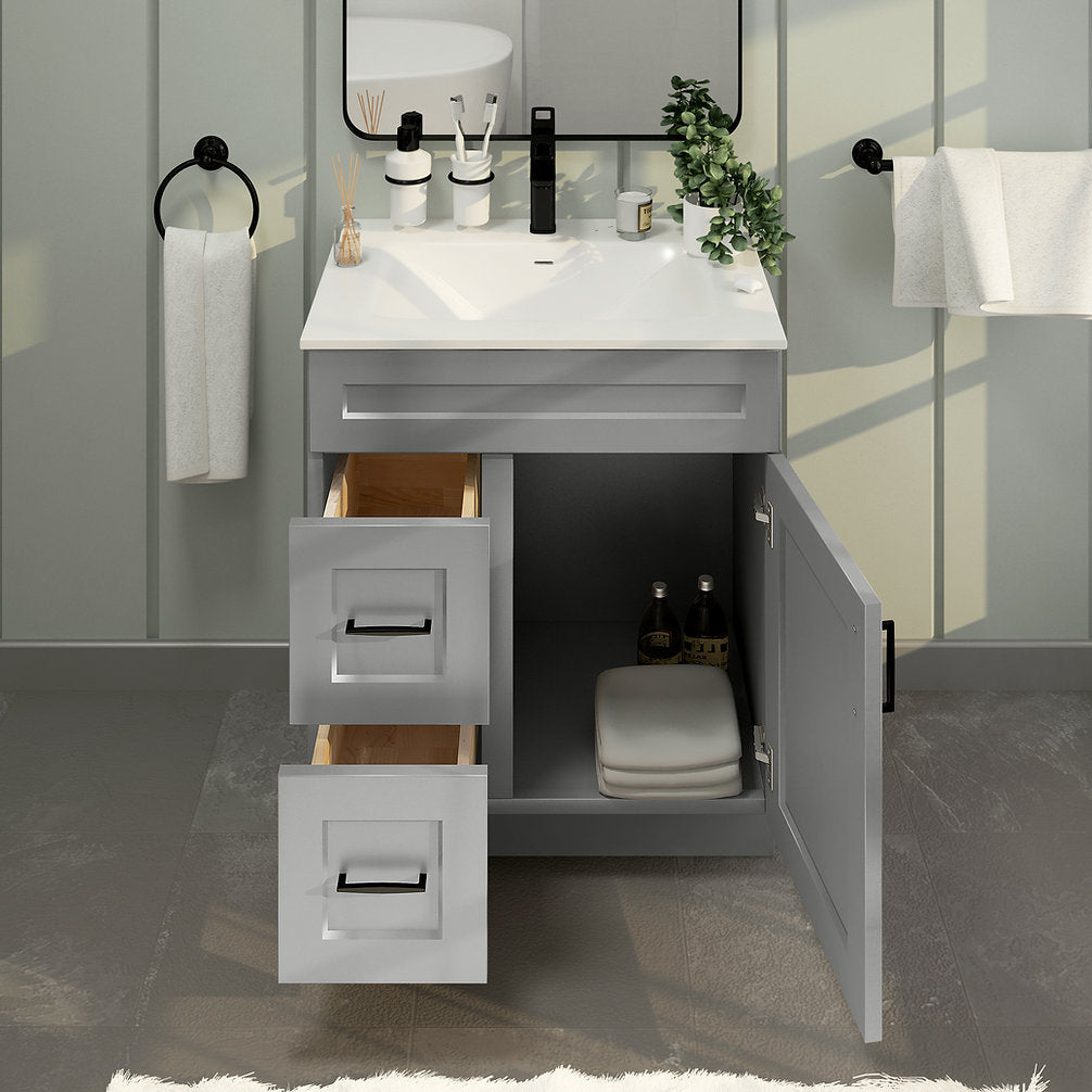 RTA Light Grey Shaker 30" Freestanding Bathroom Vanity Combo Base with Optional Quartz or Ceramic Countertop