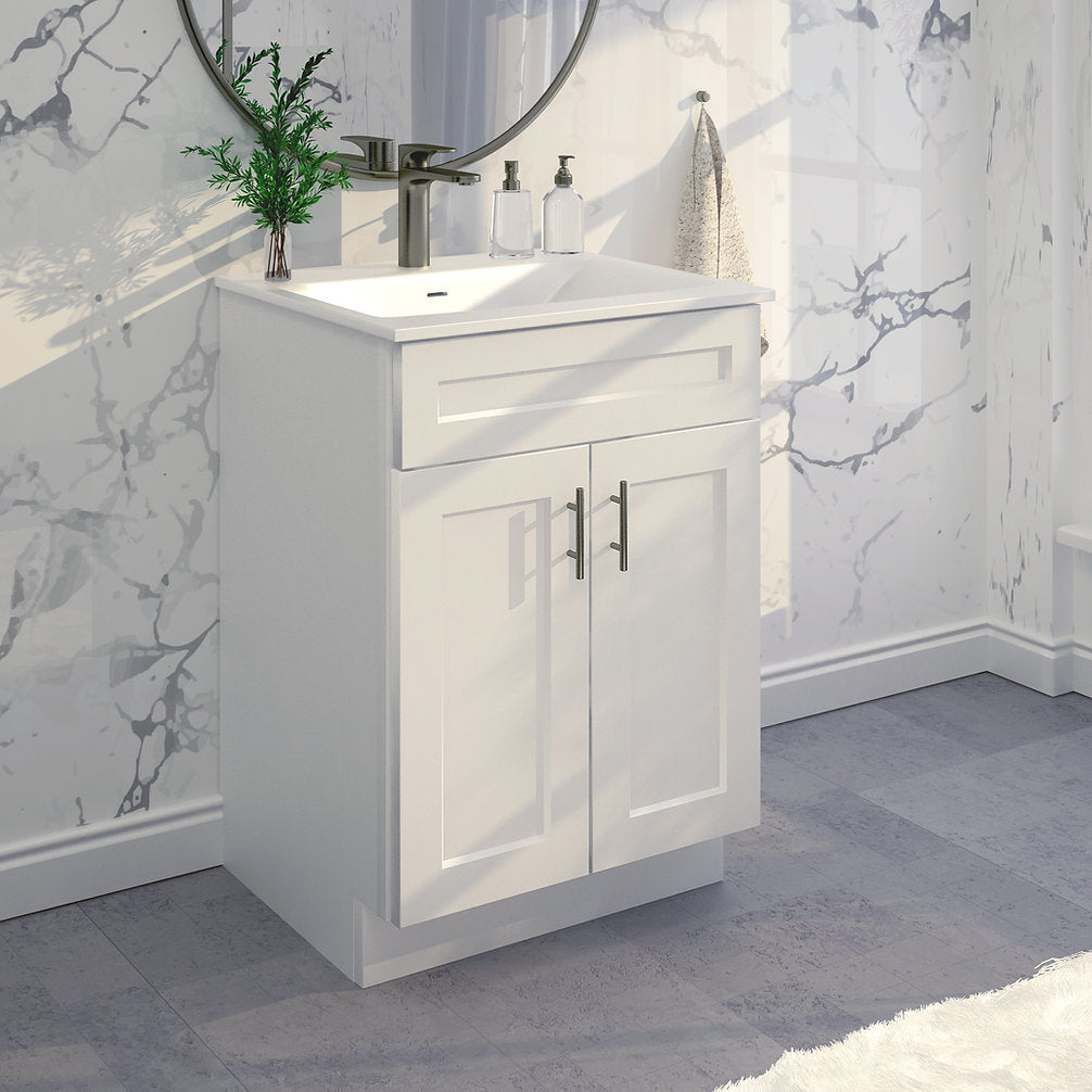 RTA White Shaker 24" Freestanding Bathroom Vanity Sink Base with Optional Quartz or Ceramic Countertop