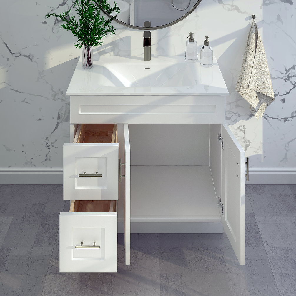 RTA White Shaker 36" Freestanding Bathroom Vanity Combo Base with Optional Quartz or Ceramic Countertop