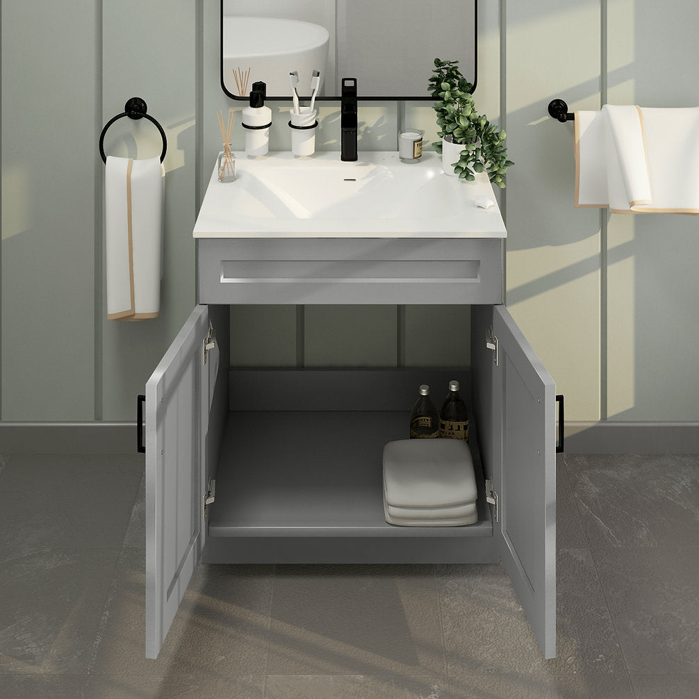 RTA Light Grey Shaker 30" Freestanding Bathroom Vanity Sink Base with Optional Quartz or Ceramic Countertop
