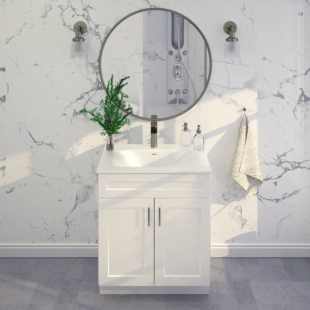 RTA White Shaker 30" Freestanding Bathroom Vanity Sink Base with Optional Quartz or Ceramic Countertop