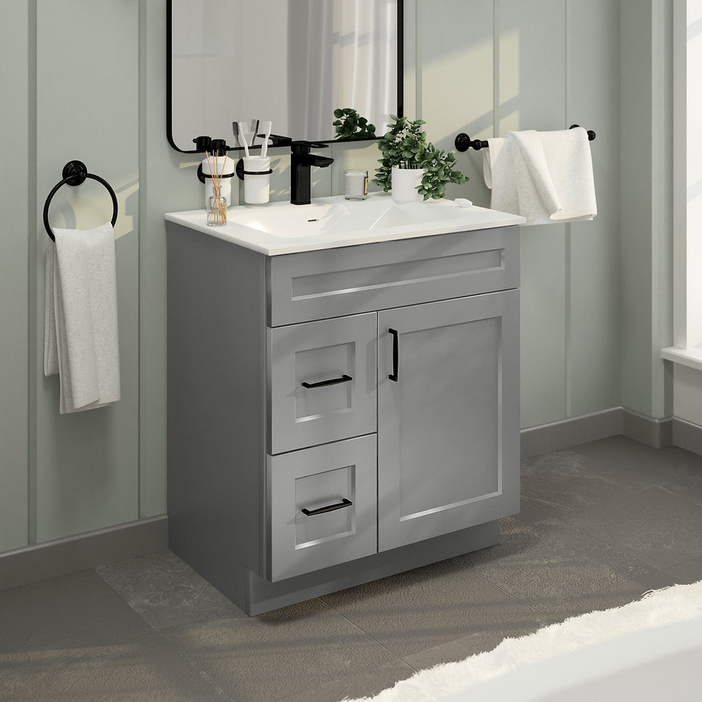 RTA Light Grey Shaker 30" Freestanding Bathroom Vanity Combo Base with Optional Quartz or Ceramic Countertop