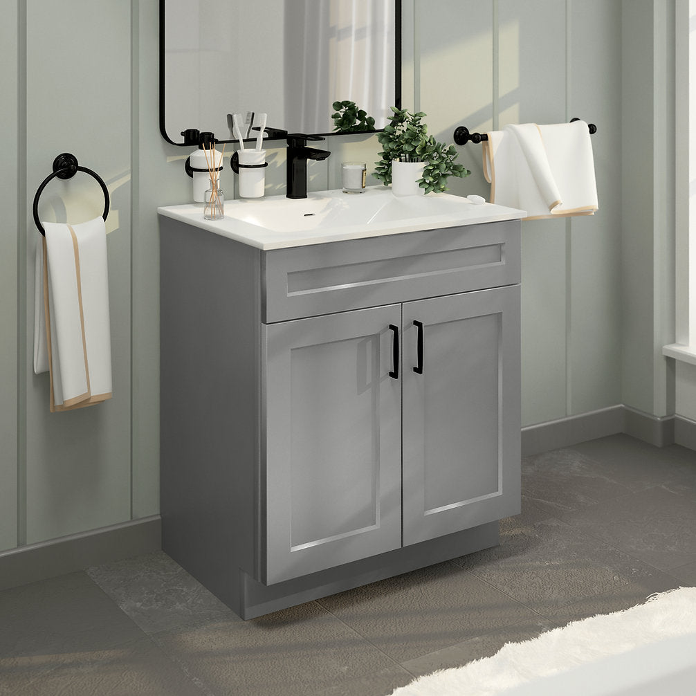 RTA Light Grey Shaker 30" Freestanding Bathroom Vanity Sink Base with Optional Quartz or Ceramic Countertop