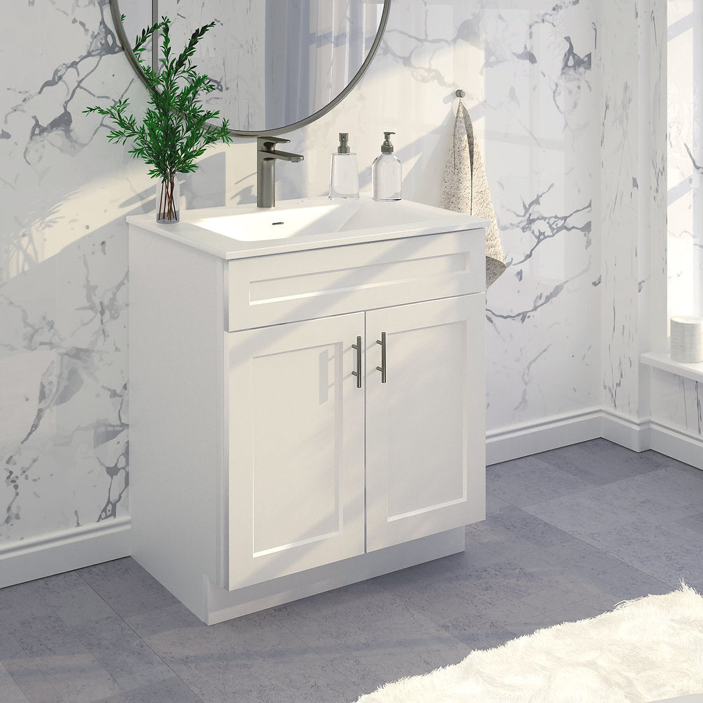 RTA White Shaker 30" Freestanding Bathroom Vanity Sink Base with Optional Quartz or Ceramic Countertop