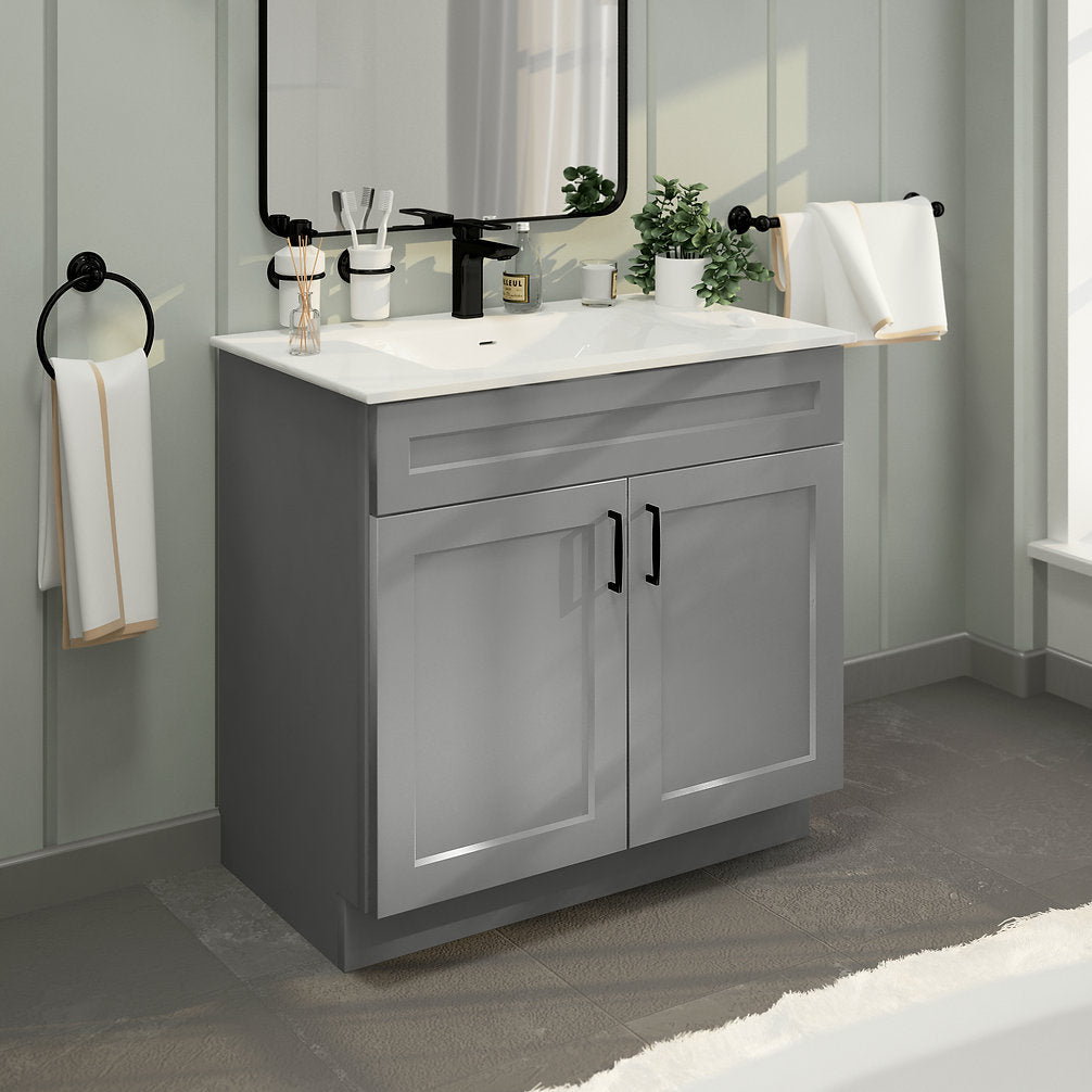 RTA Light Grey Shaker 36" Freestanding Bathroom Vanity Sink Base with Optional Quartz or Ceramic Countertop