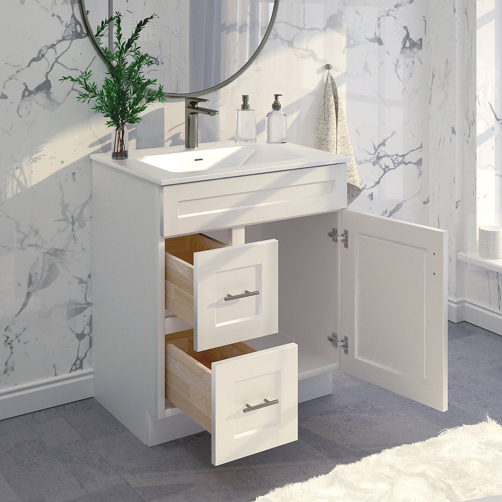 RTA White Shaker 30" Freestanding Bathroom Vanity Combo Base with Optional Quartz or Ceramic Countertop