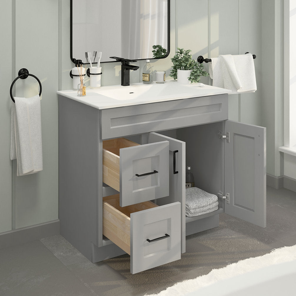 RTA Light Grey Shaker 36" Freestanding Bathroom Vanity Combo Base with Optional Quartz or Ceramic Countertop