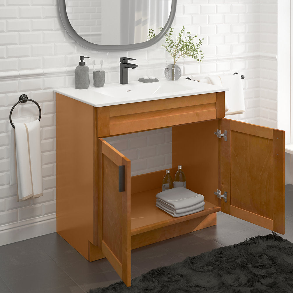 RTA Maple Shaker 36" Freestanding Bathroom Vanity Sink Base with Optional Quartz or Ceramic Countertop
