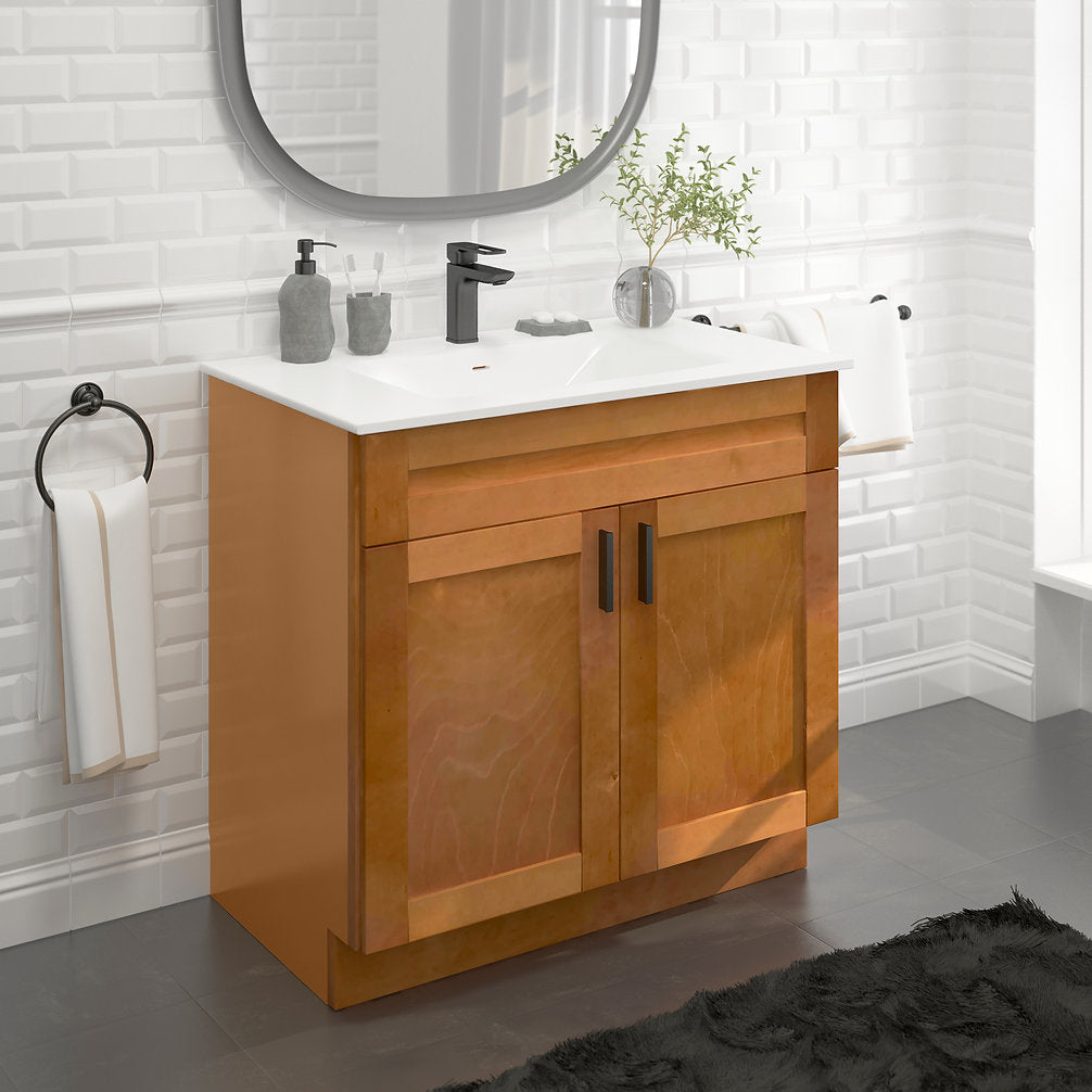 RTA Maple Shaker 36" Freestanding Bathroom Vanity Sink Base with Optional Quartz or Ceramic Countertop