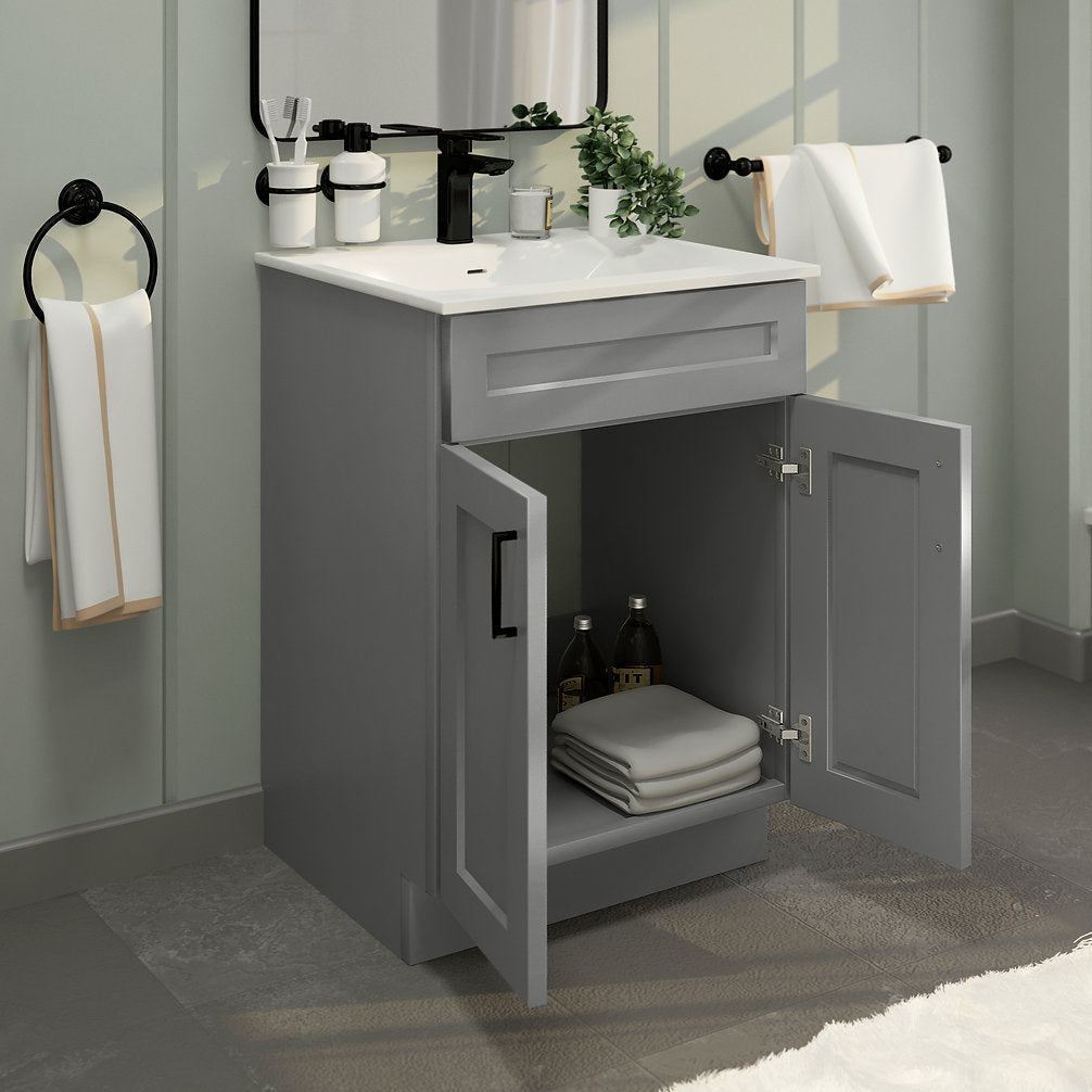 RTA Light Grey Shaker 24" Freestanding Bathroom Vanity Sink Base with Optional Quartz or Ceramic Countertop