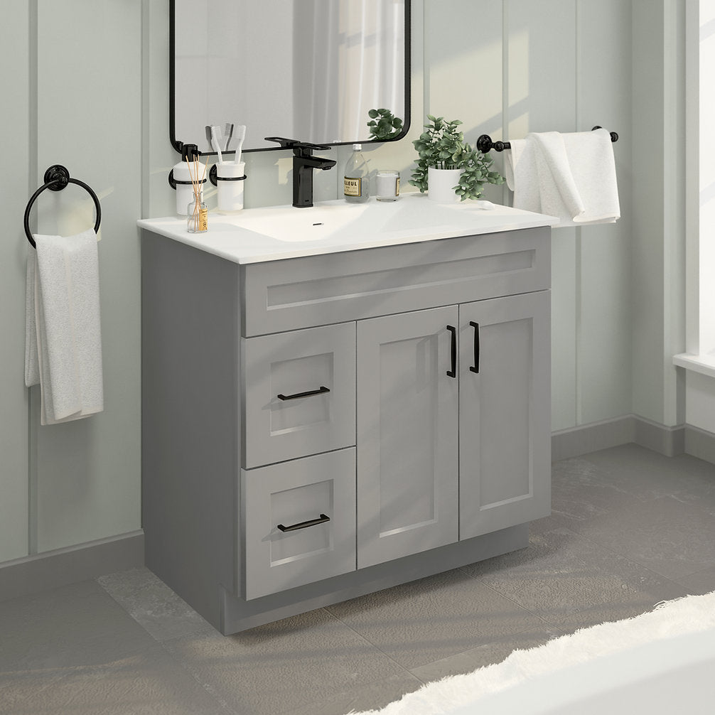 RTA Light Grey Shaker 36" Freestanding Bathroom Vanity Combo Base with Optional Quartz or Ceramic Countertop