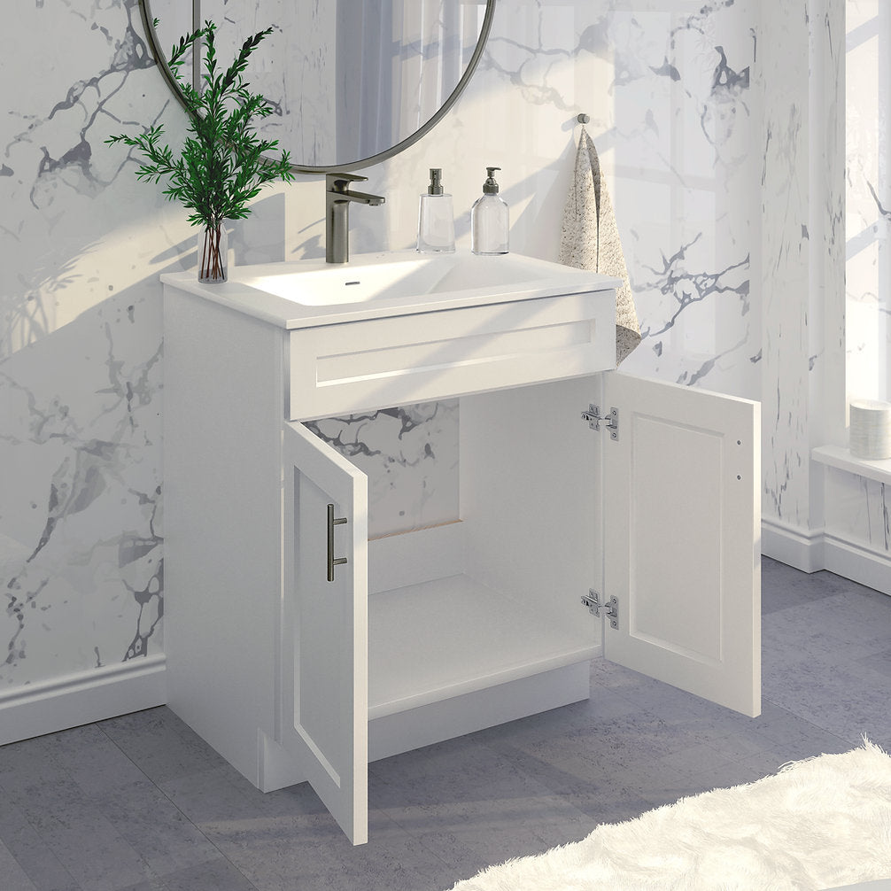 RTA White Shaker 30" Freestanding Bathroom Vanity Sink Base with Optional Quartz or Ceramic Countertop
