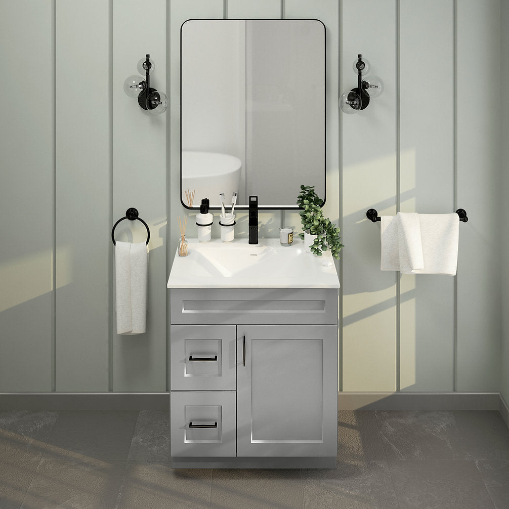 RTA Light Grey Shaker 30" Freestanding Bathroom Vanity Combo Base with Optional Quartz or Ceramic Countertop
