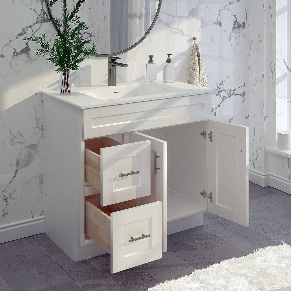 RTA White Shaker 36" Freestanding Bathroom Vanity Combo Base with Optional Quartz or Ceramic Countertop