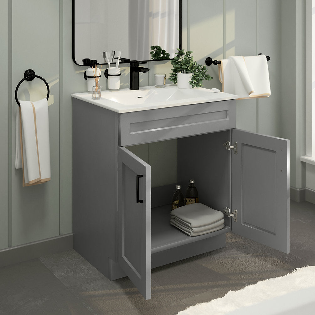 RTA Light Grey Shaker 30" Freestanding Bathroom Vanity Sink Base with Optional Quartz or Ceramic Countertop