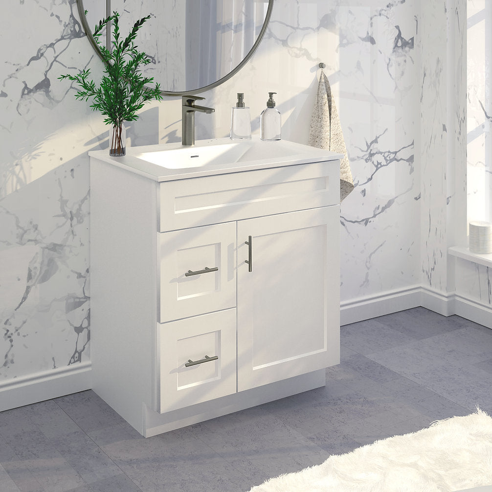 RTA White Shaker 30" Freestanding Bathroom Vanity Combo Base with Optional Quartz or Ceramic Countertop