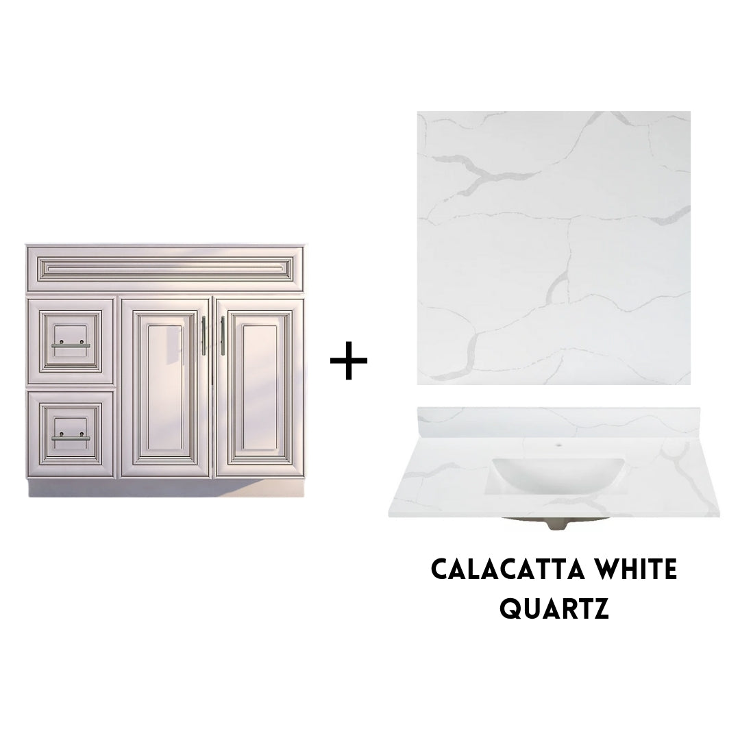 RTA Antique White Raised Panel Shaker 36" Freestanding Bathroom Vanity Combo Base with Optional Quartz or Ceramic Countertop