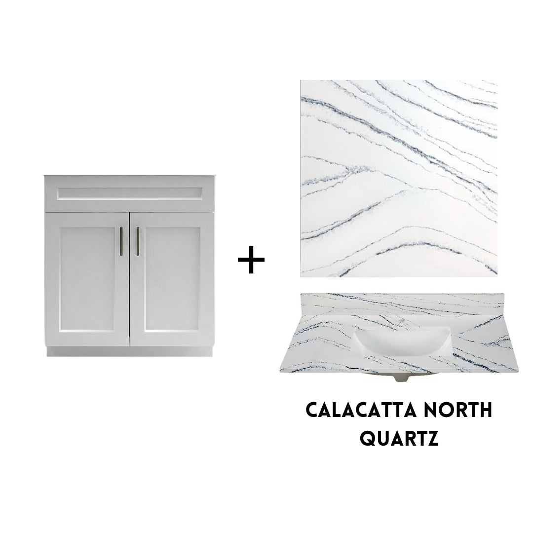 RTA White Shaker 30" Freestanding Bathroom Vanity Sink Base with Optional Quartz or Ceramic Countertop