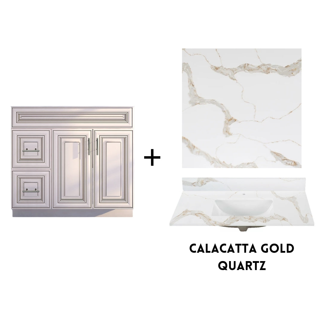 RTA Antique White Raised Panel Shaker 36" Freestanding Bathroom Vanity Combo Base with Optional Quartz or Ceramic Countertop