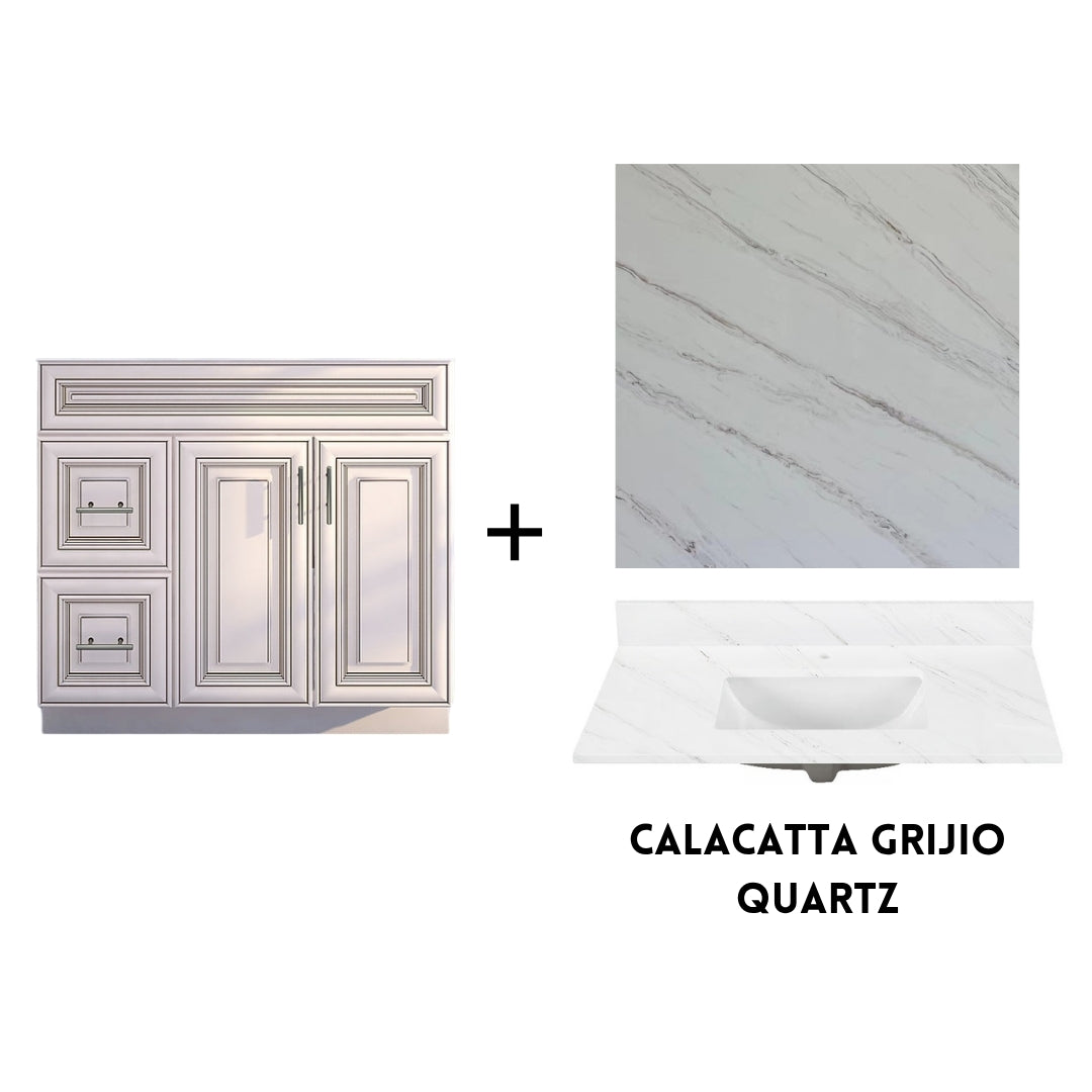 RTA Antique White Raised Panel Shaker 36" Freestanding Bathroom Vanity Combo Base with Optional Quartz or Ceramic Countertop