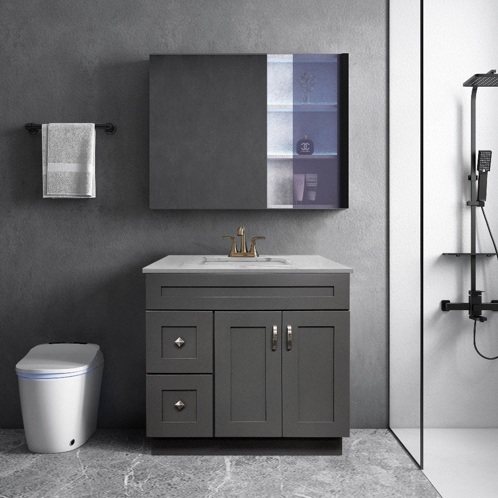 RTA Dark Grey Shaker 36" Freestanding Bathroom Vanity Combo Base with Optional Quartz or Ceramic Countertop