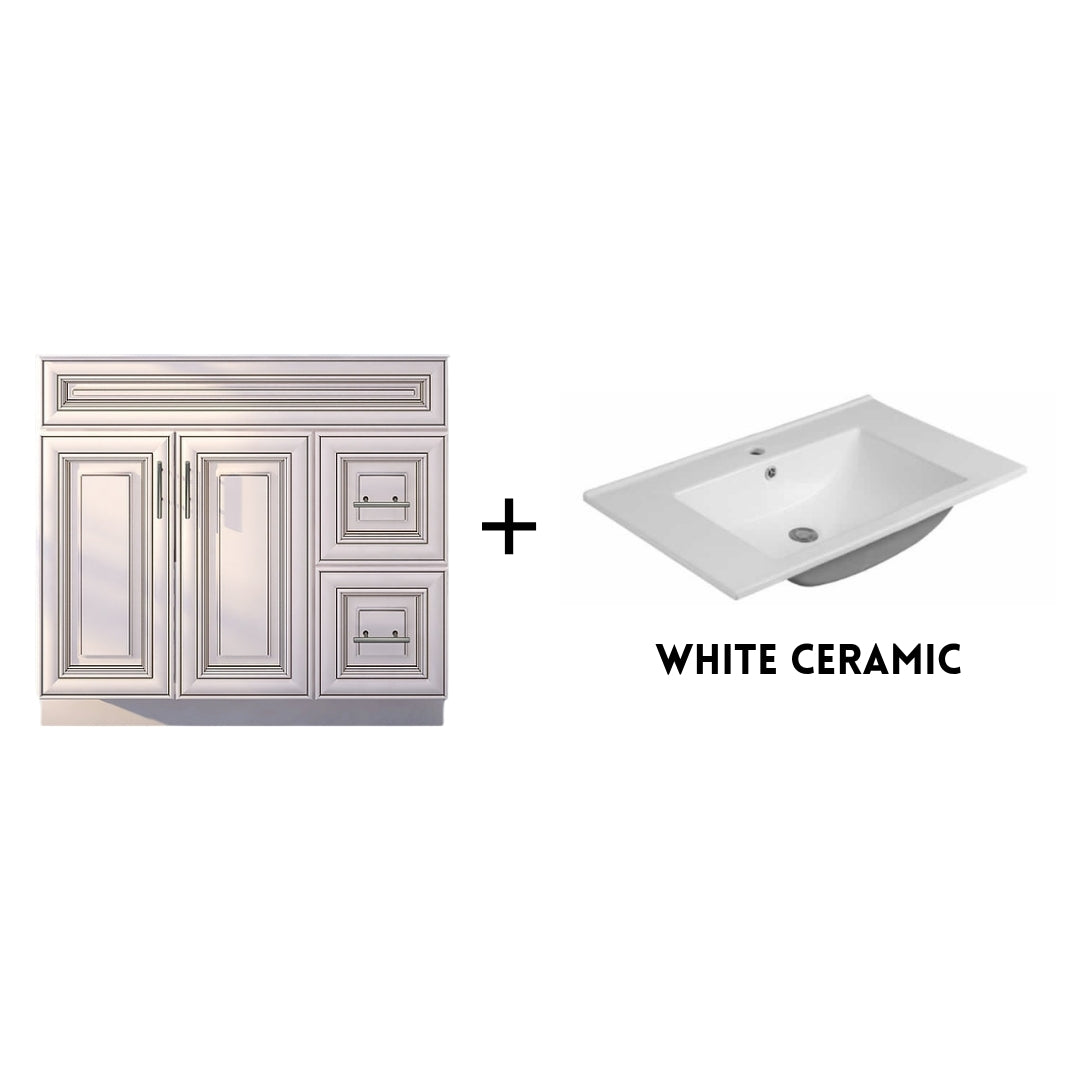 RTA Antique White Raised Panel Shaker 36" Freestanding Bathroom Vanity Combo Base with Optional Quartz or Ceramic Countertop