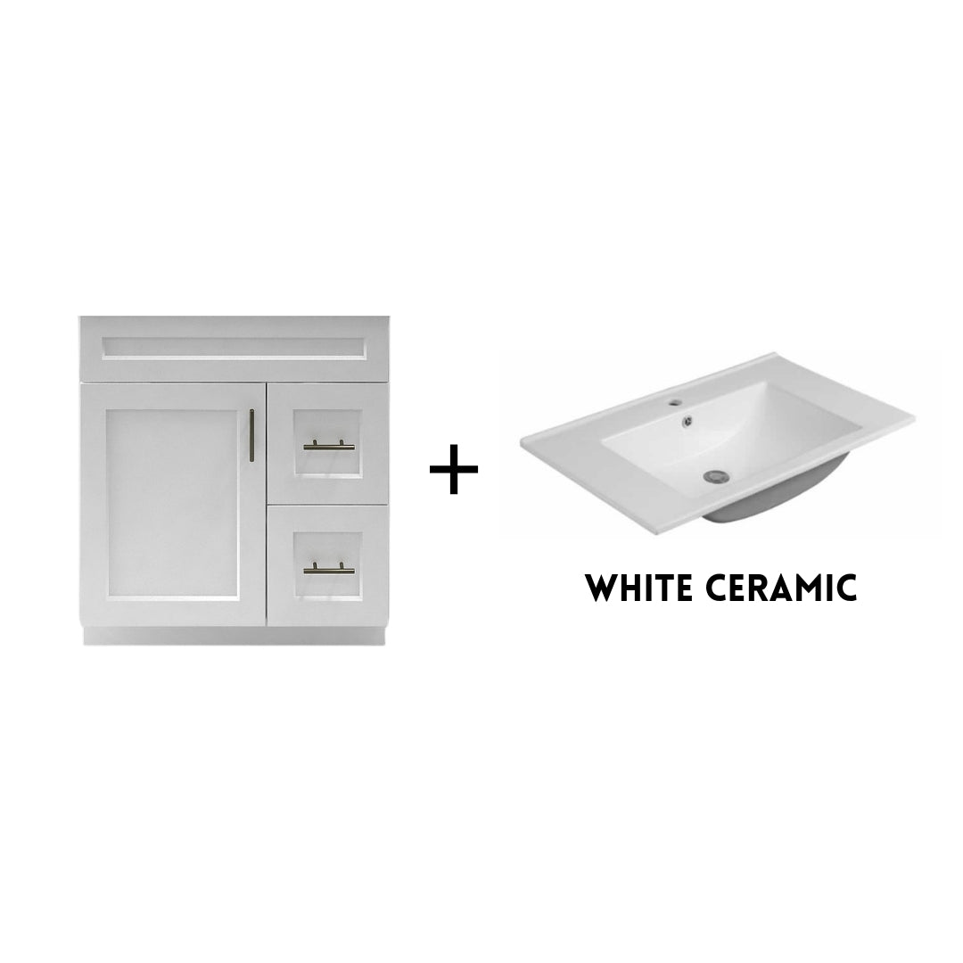 RTA White Shaker 30" Freestanding Bathroom Vanity Combo Base with Optional Quartz or Ceramic Countertop