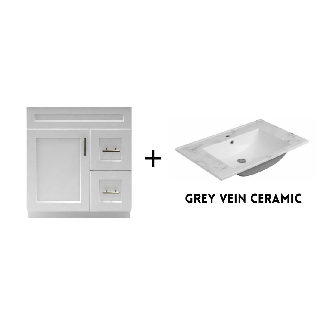 RTA White Shaker 30" Freestanding Bathroom Vanity Combo Base with Optional Quartz or Ceramic Countertop
