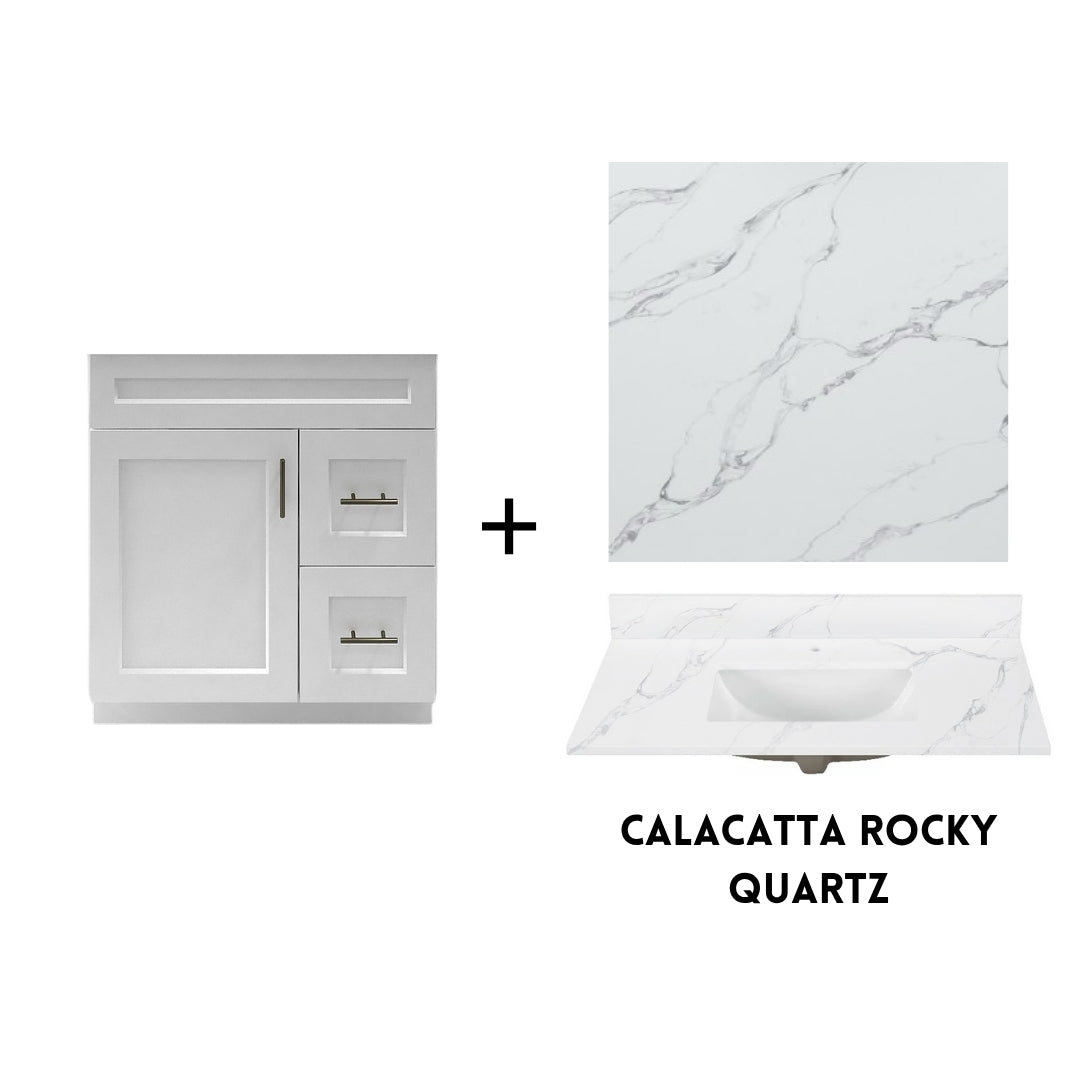 RTA White Shaker 30" Freestanding Bathroom Vanity Combo Base with Optional Quartz or Ceramic Countertop