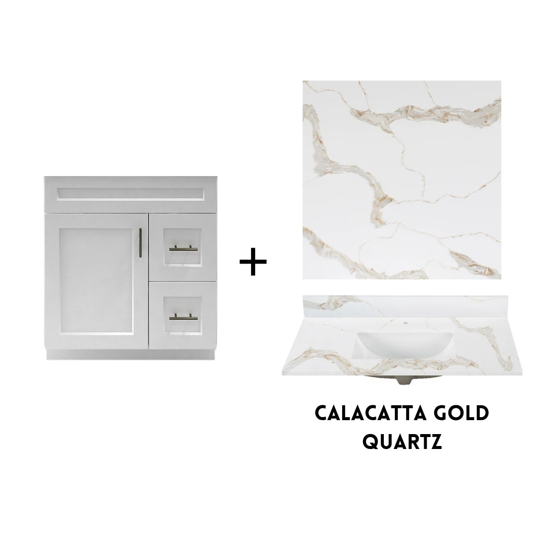 RTA White Shaker 30" Freestanding Bathroom Vanity Combo Base with Optional Quartz or Ceramic Countertop