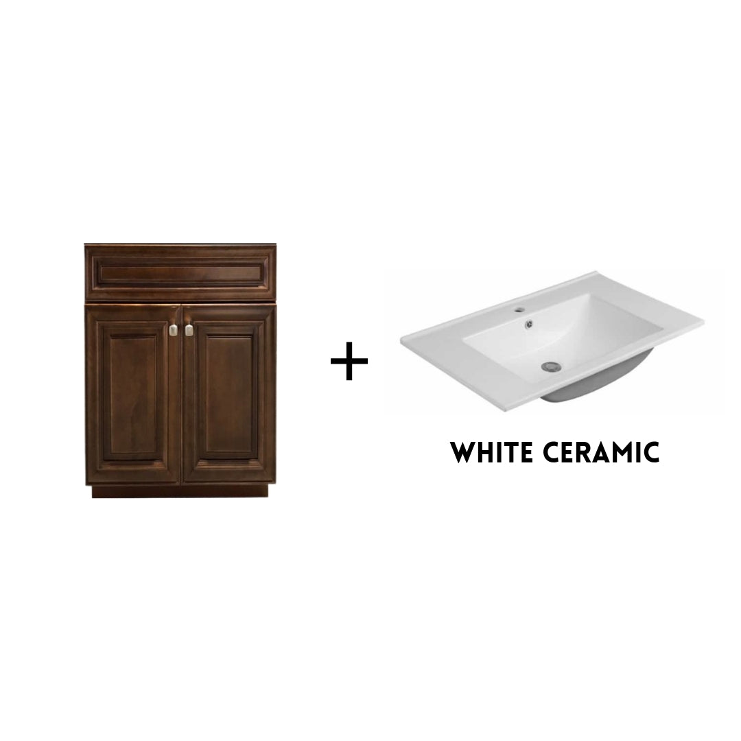RTA Maple Walnut Raised Panel 24" Freestanding Bathroom Vanity Sink Base with Optional Quartz or Ceramic Countertop