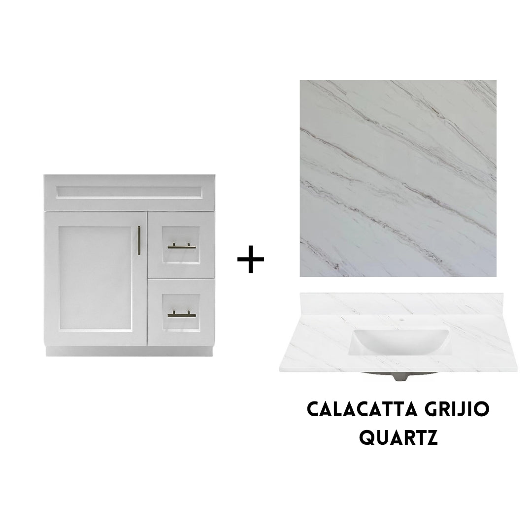RTA White Shaker 30" Freestanding Bathroom Vanity Combo Base with Optional Quartz or Ceramic Countertop