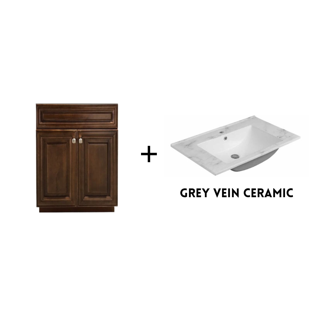 RTA Maple Walnut Raised Panel 24" Freestanding Bathroom Vanity Sink Base with Optional Quartz or Ceramic Countertop