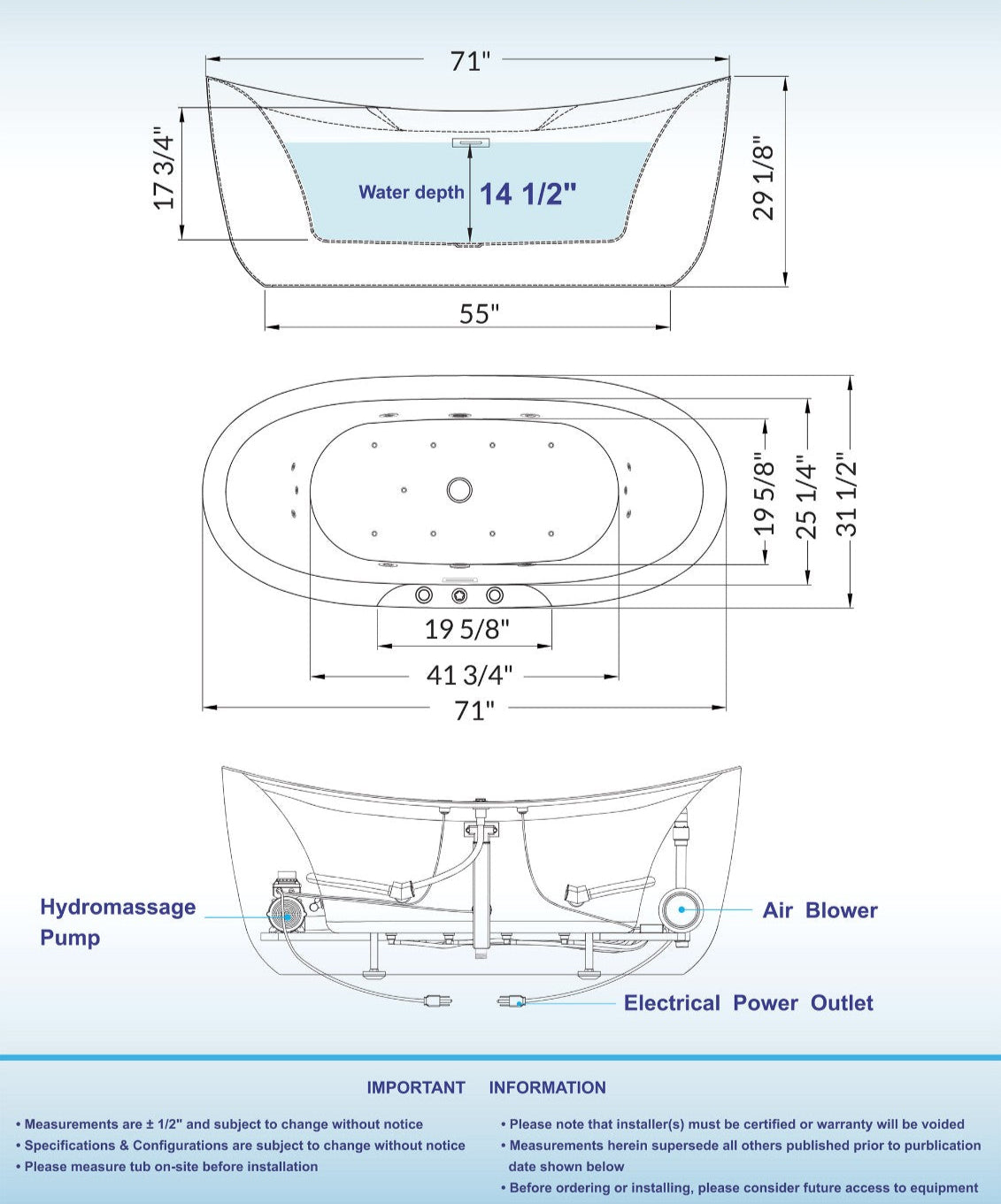 Tekne 71" Freestanding Whirlpool Bathtub