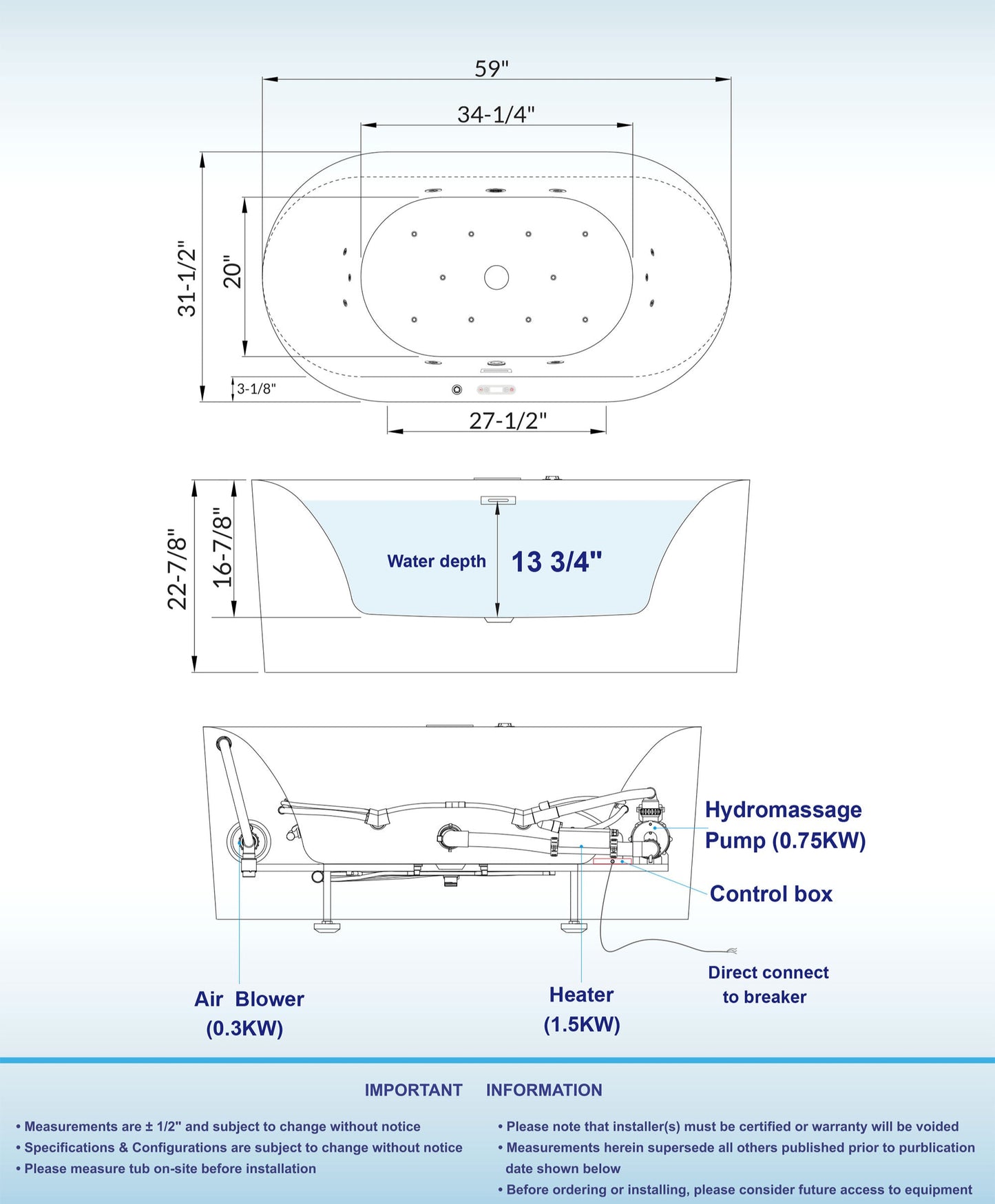 Vortice 59" Freestanding Whirlpool Bathtub
