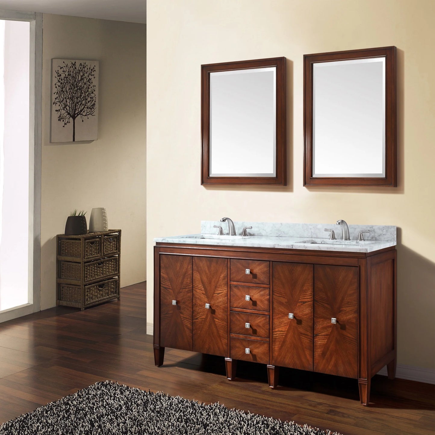 Brentwood 61" Freestanding Bathroom Vanity with Carrara White Natural Marble Top and Vitreous China Undermount Sinks