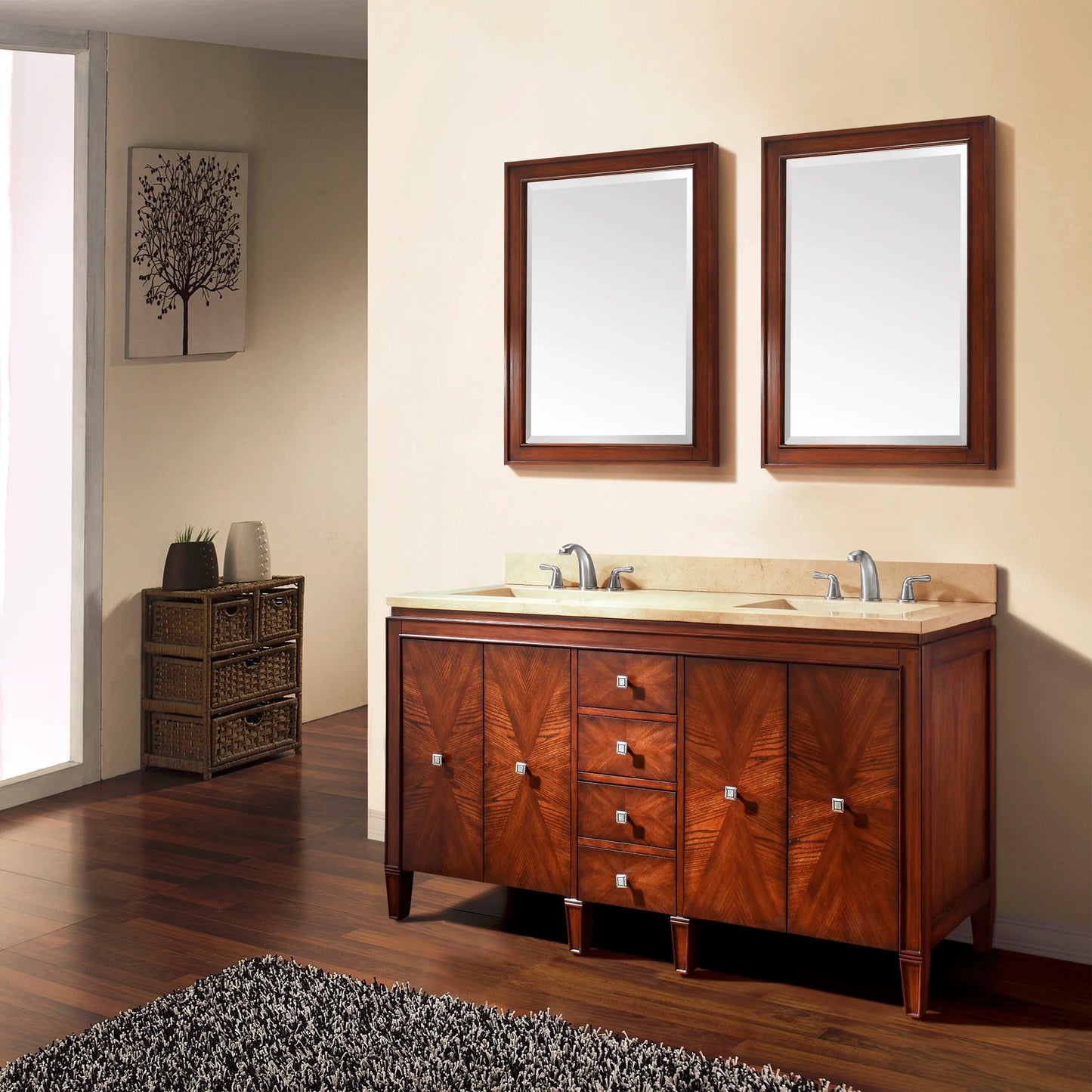 Brentwood 61" Freestanding Bathroom Vanity with Carrara White Natural Marble Top and Vitreous China Undermount Sinks