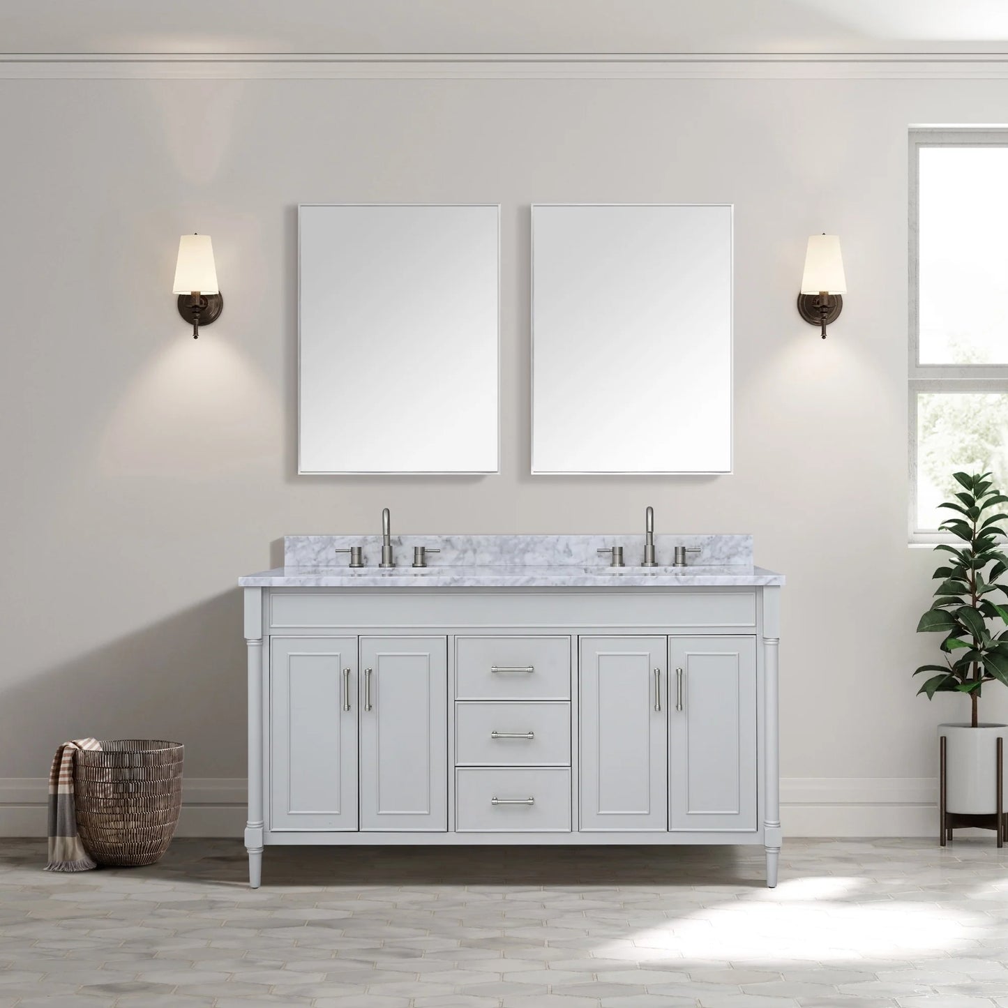 Bristol 60" Freestanding Bathroom Vanity with Stone Top and Vitreous China Undermount Sinks