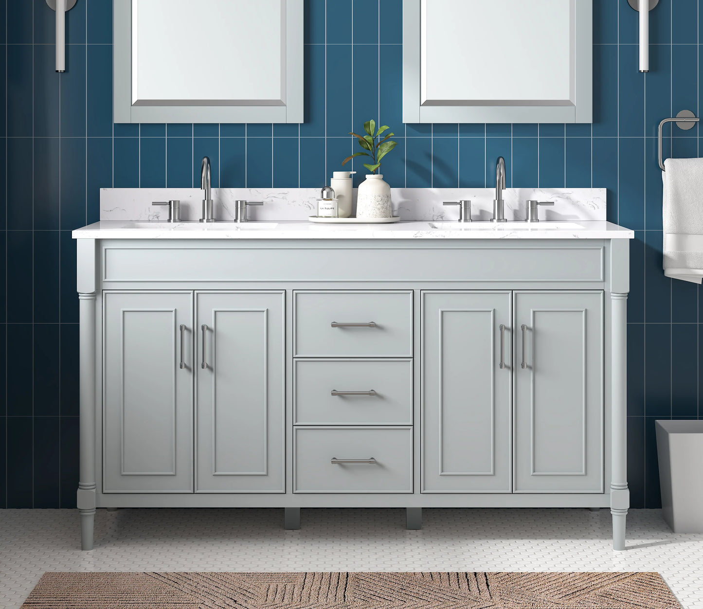 Bristol 60" Freestanding Bathroom Vanity with Stone Top and Vitreous China Undermount Sinks