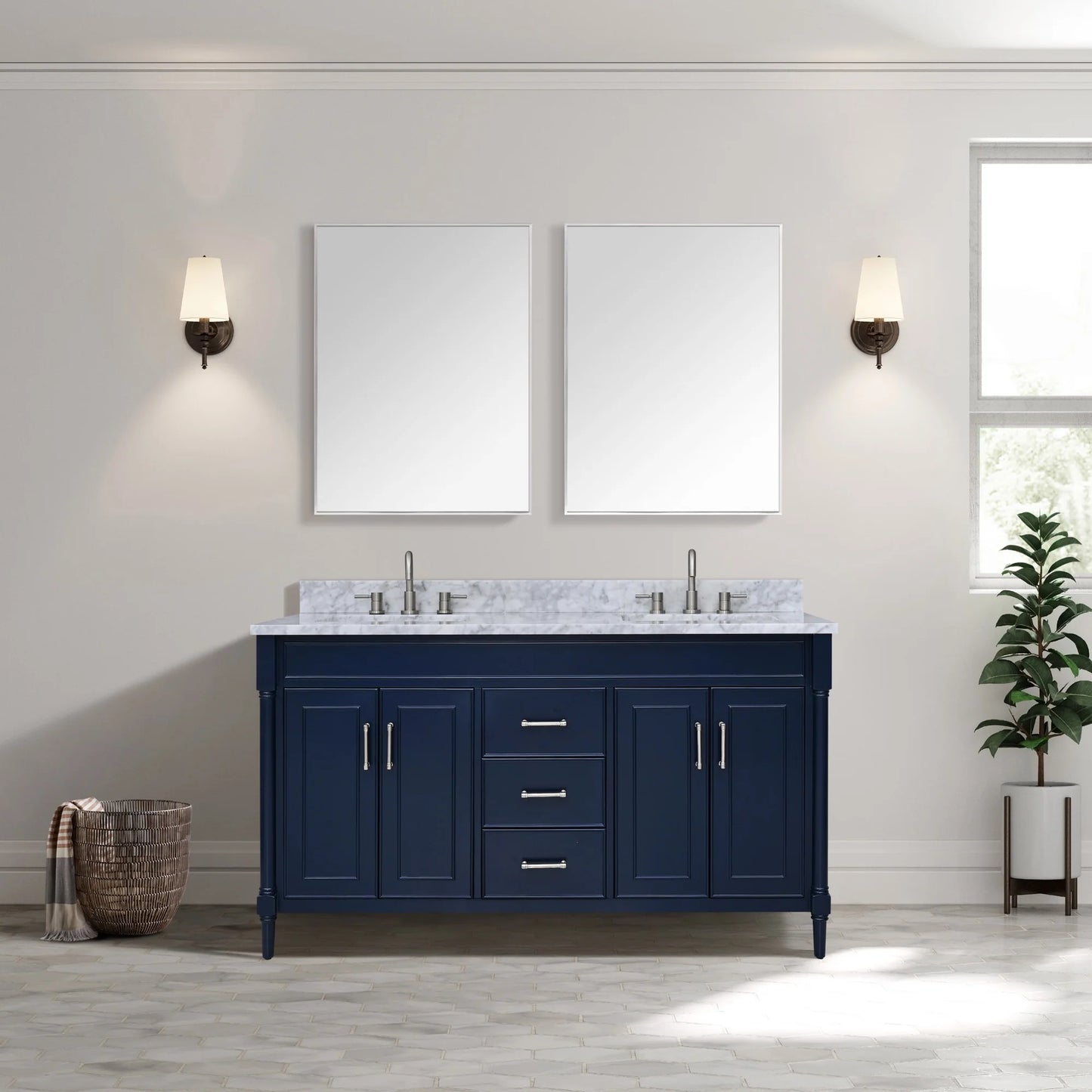 Bristol 60" Freestanding Bathroom Vanity with Stone Top and Vitreous China Undermount Sinks