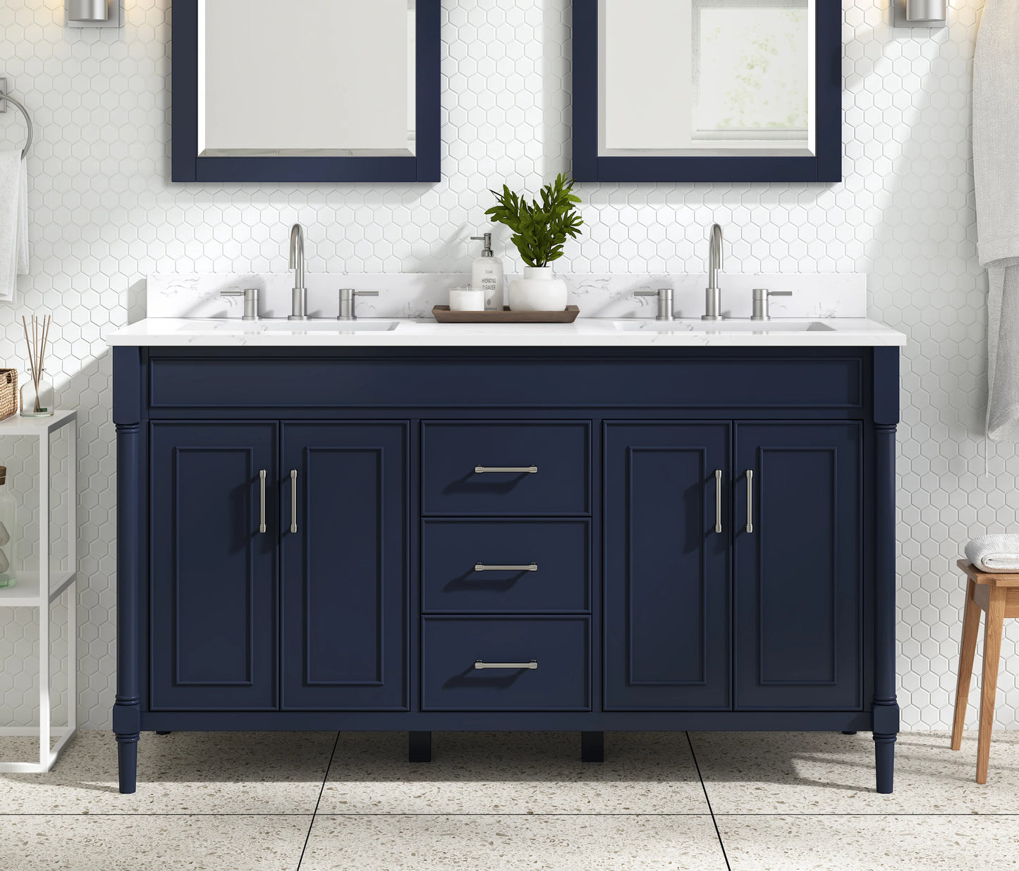 Bristol 60" Freestanding Bathroom Vanity with Stone Top and Vitreous China Undermount Sinks
