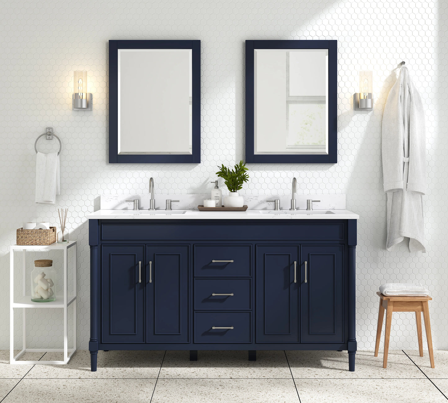 Bristol 60" Freestanding Bathroom Vanity with Stone Top and Vitreous China Undermount Sinks