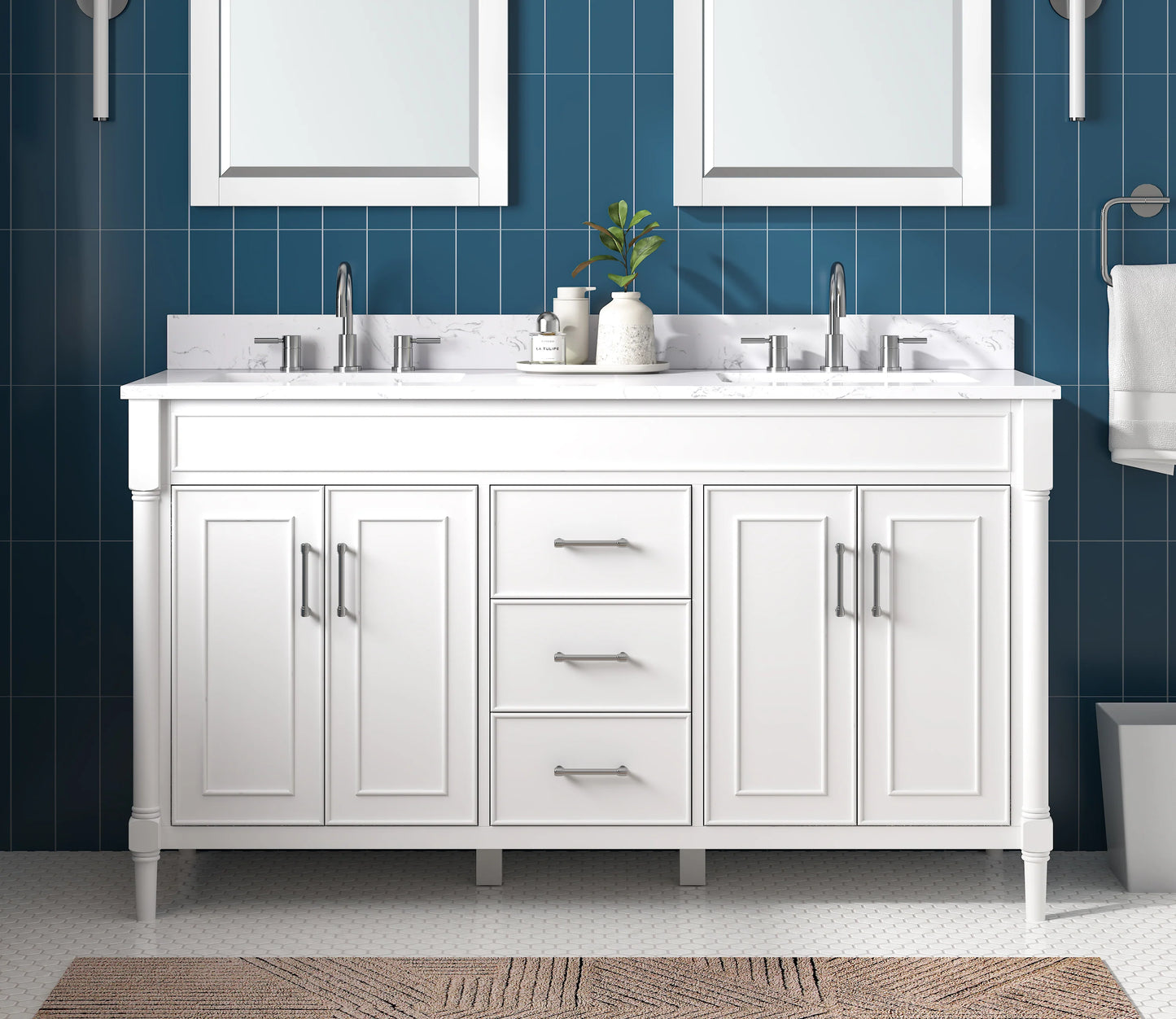Bristol 60" Freestanding Bathroom Vanity with Stone Top and Vitreous China Undermount Sinks