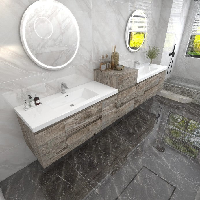 Bow 116" Wall Mounted Bathroom Vanity with Reinforced Acrylic Integrated Sink Top and Linen Cabinet