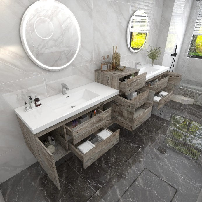 Bow 116" Wall Mounted Bathroom Vanity with Reinforced Acrylic Integrated Sink Top and Linen Cabinet