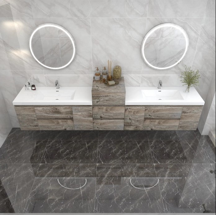 Bow 116" Wall Mounted Bathroom Vanity with Reinforced Acrylic Integrated Sink Top and Linen Cabinet
