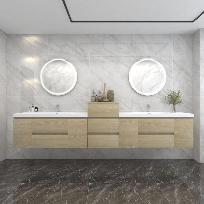 Bow 140" Wall Mounted Bathroom Vanity with Reinforced Acrylic Integrated Sink Top and Linen Cabinet